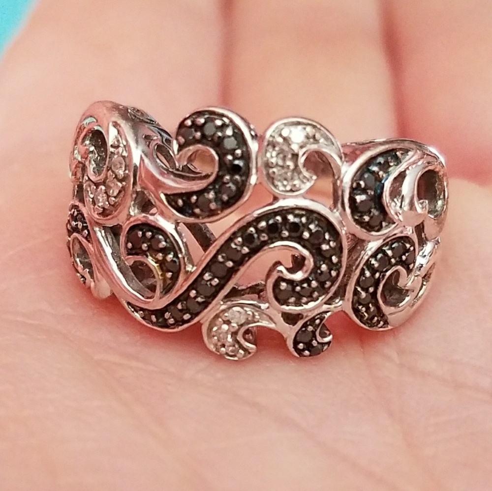 Black and white diamond scroll ring